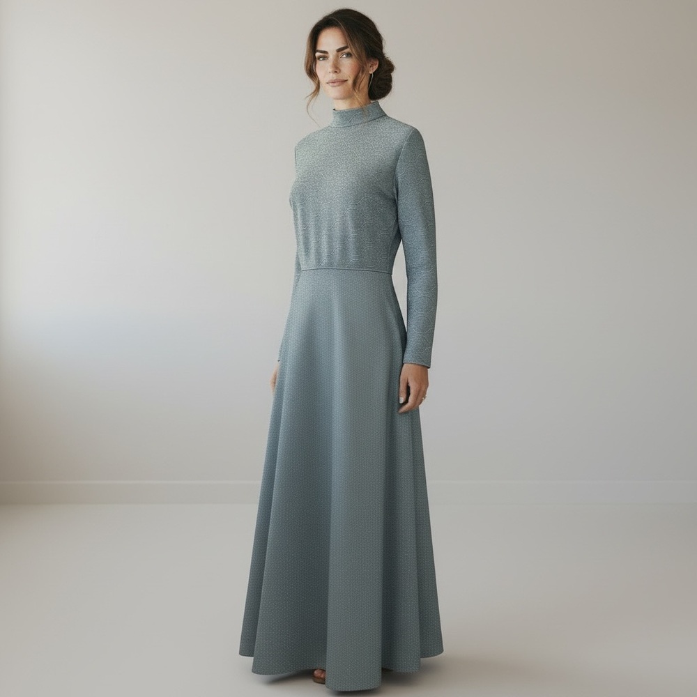 ❤️ Vintage 60’s 70’s Sky Blue Sparkle Pointelle High Neck Maxi Dress
